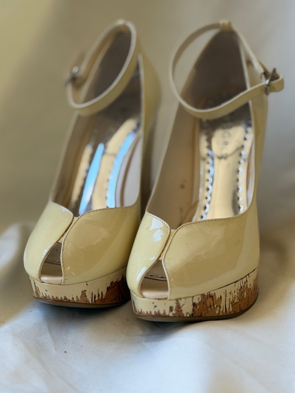 BCBGirls Cream Patent Peep-Toe Ankle Strap Wedges - Picture 5 of 6